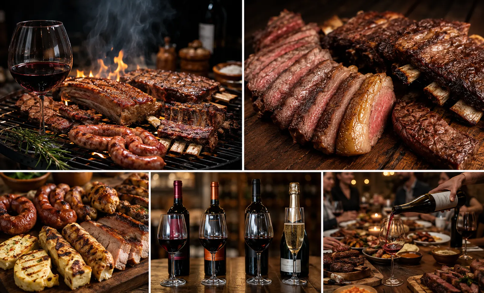 Mosaico de cortes assados, garrafas de tinto e branco e taças servidas durante um churrasco