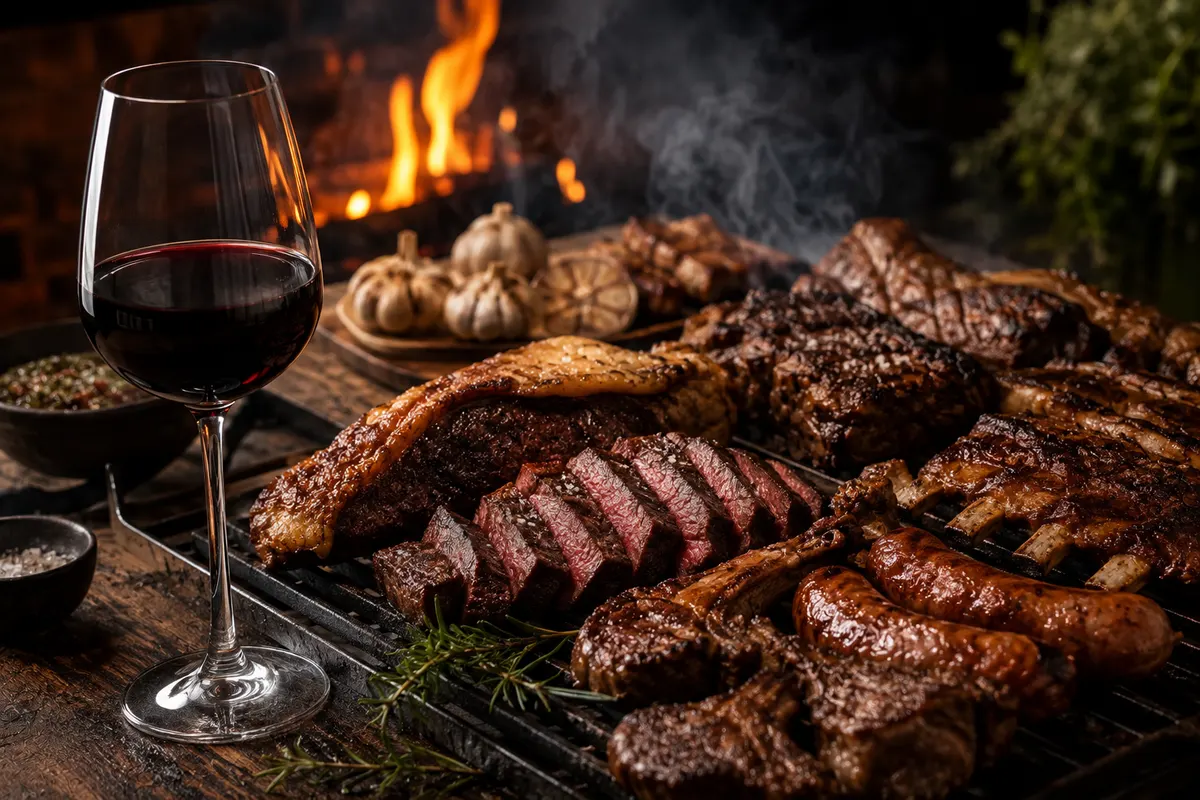Taça de vinho tinto diante de uma tábua farta de carnes assadas, com o fogo ao fundo