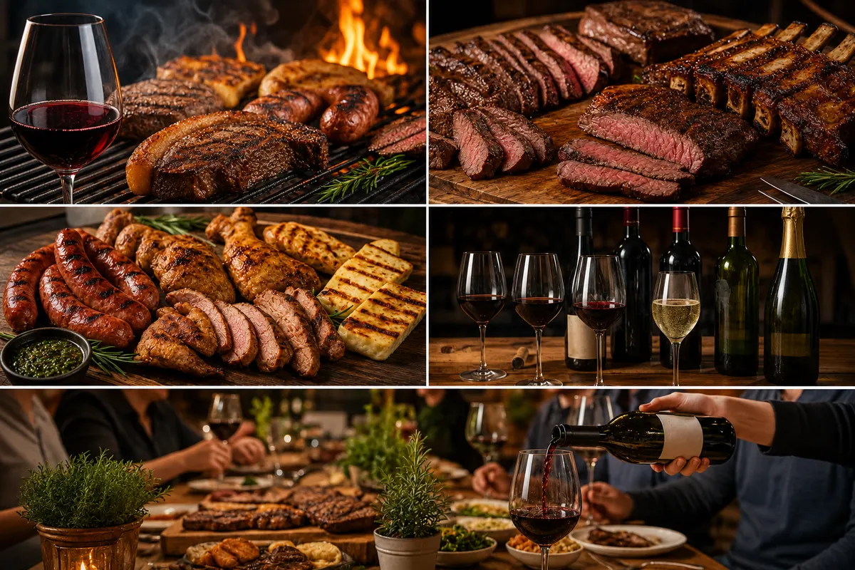 Mosaico com carnes na brasa, taças de tinto e branco e pessoas servindo vinho em um churrasco