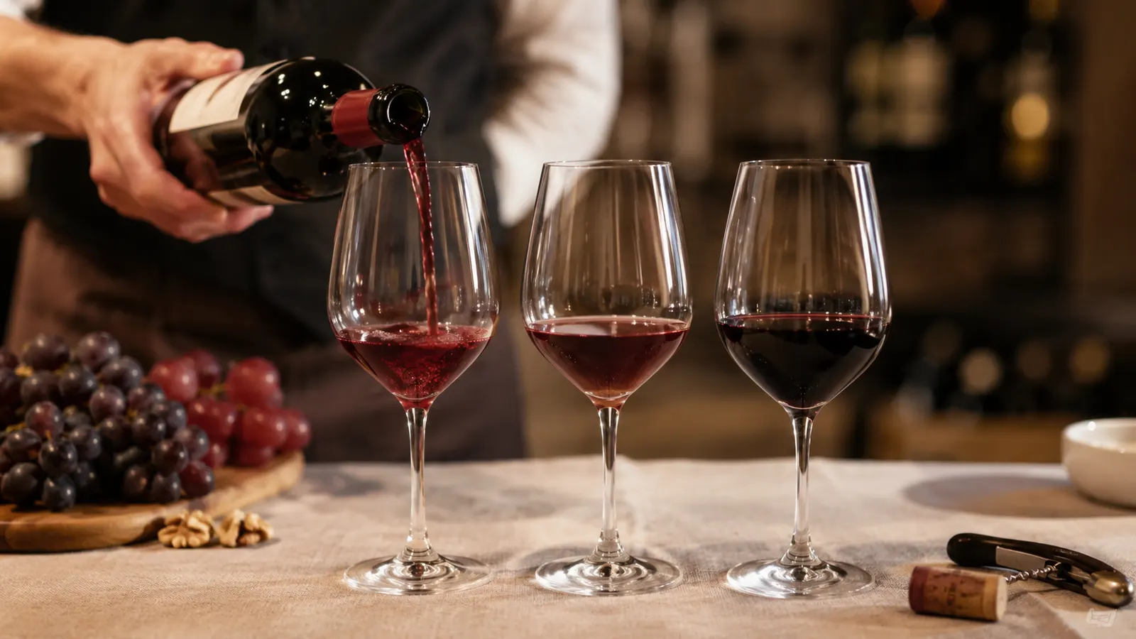 Vinho tinto sendo servido em três taças alinhadas sobre um balcão de mármore
