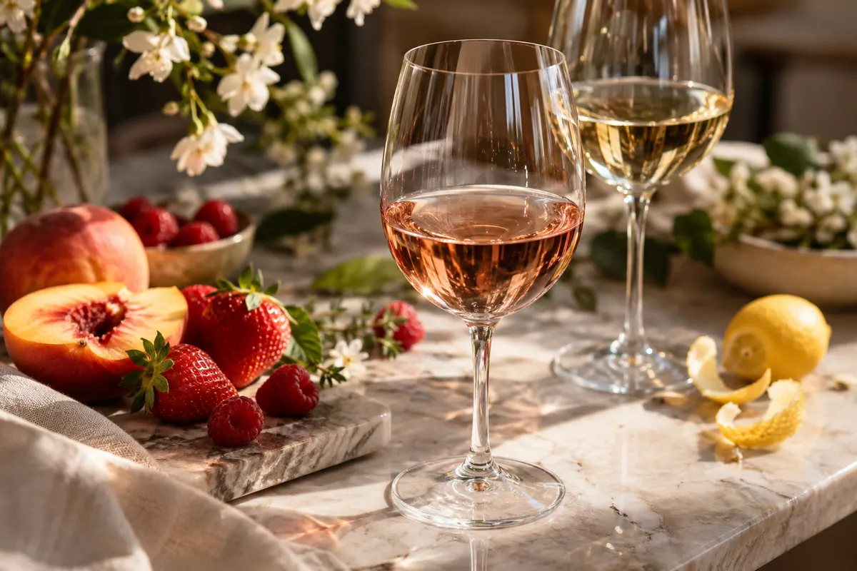 Taça de rosé e taça de vinho branco sobre mesa de mármore, com pêssego, morangos e casca de limão ao lado