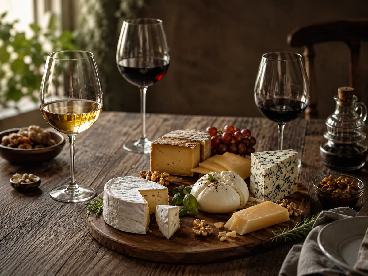 Tábua de queijos variados com brie, gorgonzola e queijo curado, entre taças de vinho branco e tinto