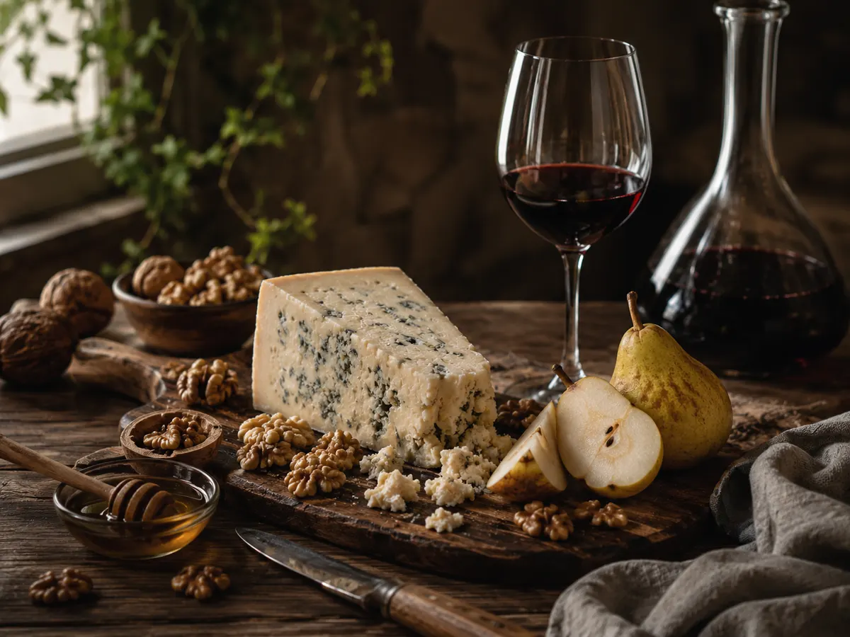 Queijo azul com nozes, pera e mel em uma tábua, ao lado de uma taça de tinto e um decanter