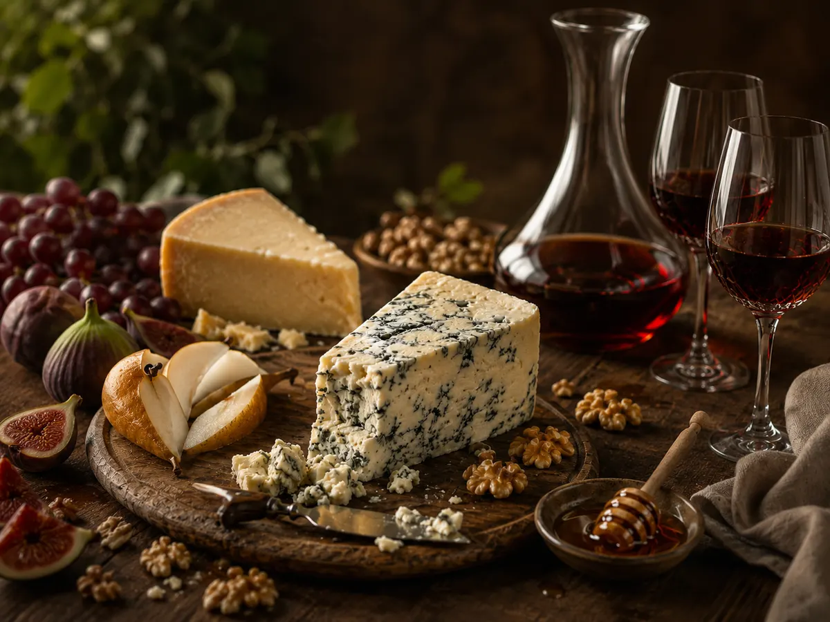 Queijos curados e azuis com figos e nozes, servidos com taças de tinto e um decanter