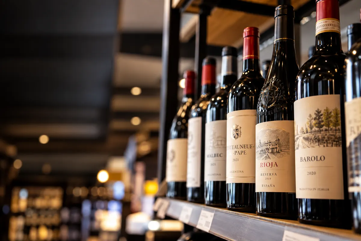 Fileira de garrafas de vinho tinto numa prateleira de loja, vistas em perspectiva. Os rótulos legíveis trazem Malbec 2021 da Argentina, Châteauneuf-du-Pape 2021, Rioja Reserva 2019 da Espanha e Barolo 2020 da Itália. Ao fundo, o interior da loja aparece desfocado.