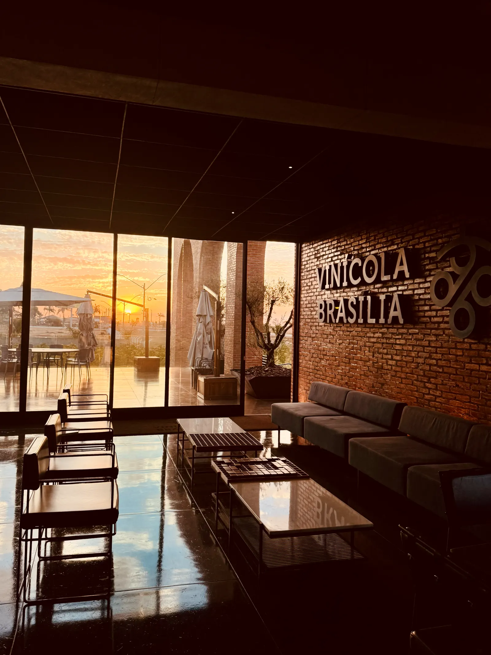 Salão de parede de tijolo com o letreiro VINÍCOLA BRASÍLIA em relevo, sofás e poltronas escuras sobre piso espelhado. Pela janela ao fundo, o sol se põe sobre o Cerrado.