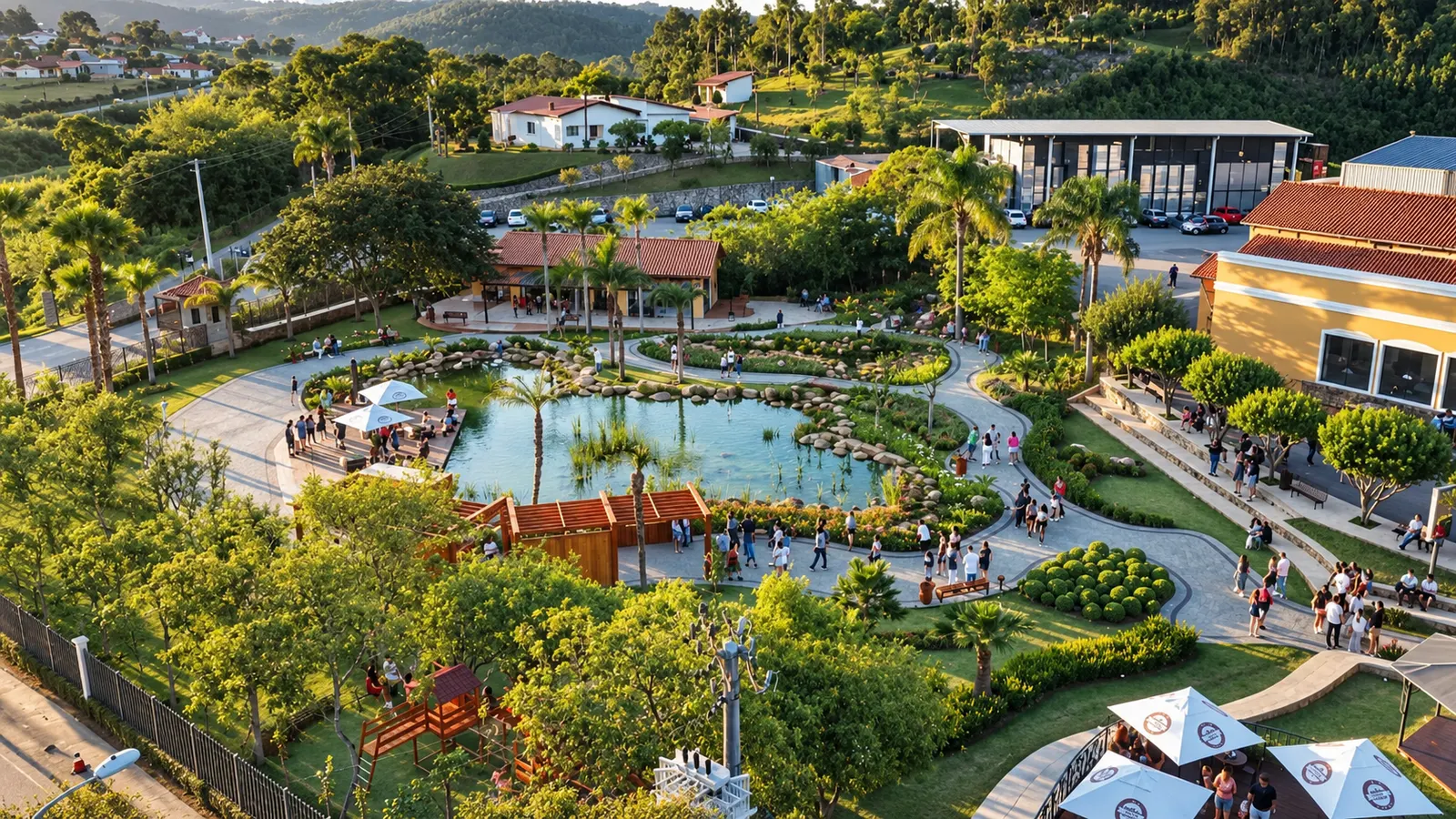 Vista do alto do complexo da vinícola: um lago artificial com deque de madeira, caminhos de pedra entre jardins, palmeiras e construções de telhado vermelho. Visitantes circulam pelas alamedas.