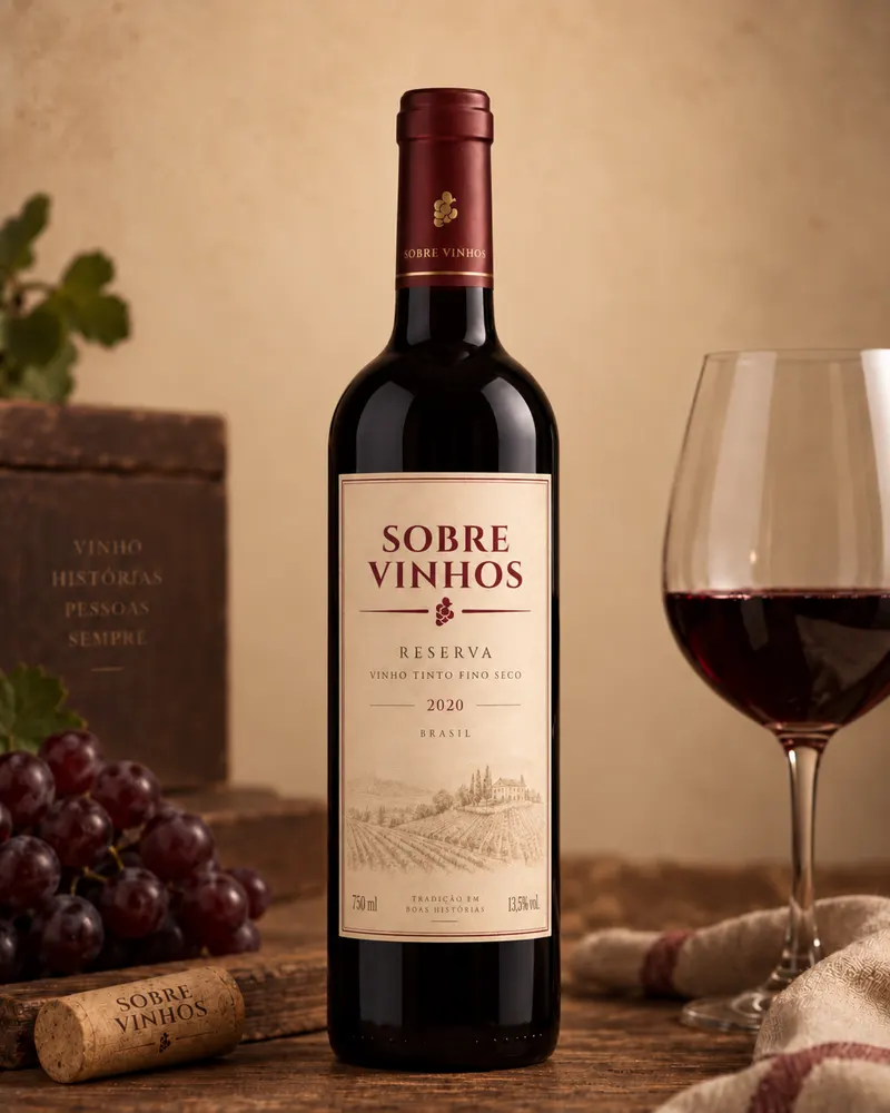 Garrafa de tinto com o rótulo da Sobre Vinhos, ao lado de uma taça servida e de um cacho de uvas