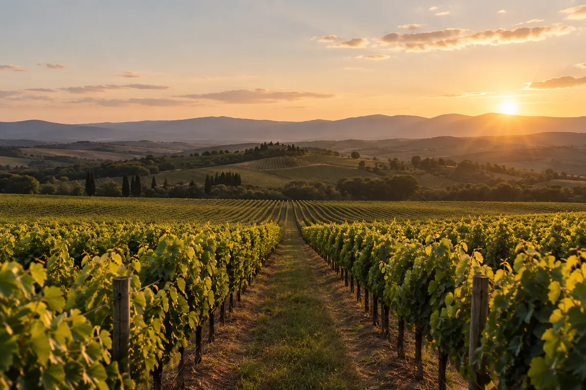 Vinhedo em colinas com fileiras de videiras que convergem ao fundo, sob o sol se pondo atrás das montanhas